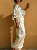Vintage Floral Print Loose Cotton And Linen Two-piece Set