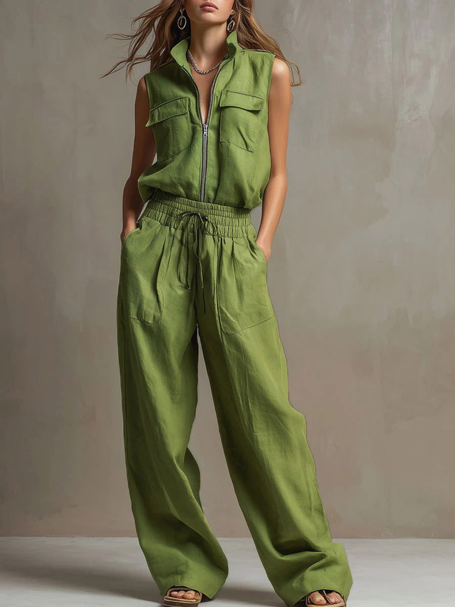 Women's Solid Color Stand Collar Sleeveless Casual Loose Cotton Linen Top And High-waisted Casual Loose Wide-leg Pants Cotton Linen Set