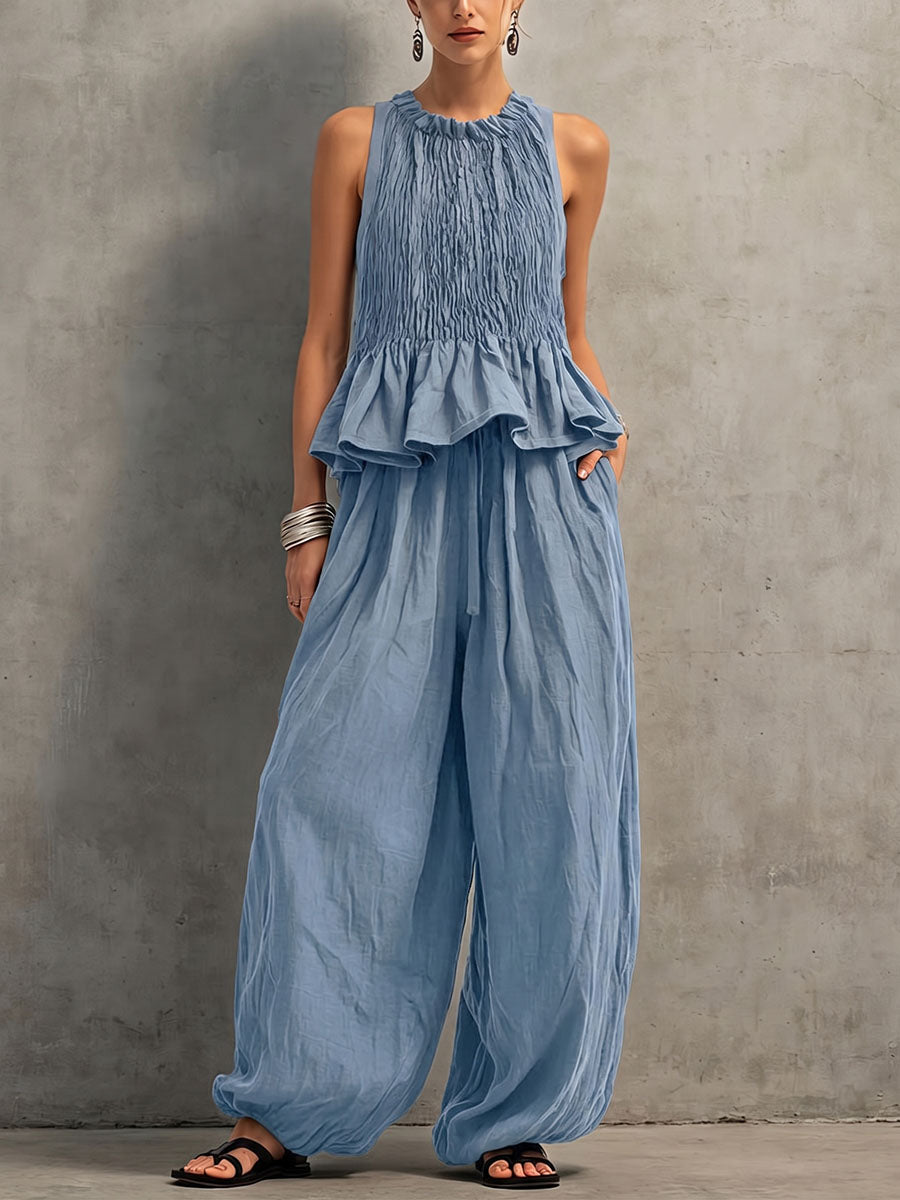 Women's Solid-color Cotton-linen Set: Round-neck Sleeveless Loose-fit Top & High-waisted Wide-leg Pants