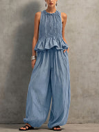 Women's Solid-color Cotton-linen Set: Round-neck Sleeveless Loose-fit Top & High-waisted Wide-leg Pants