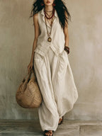 Women's Relaxed Sleeveless Simple Cotton-linen Wide-leg Pants Set