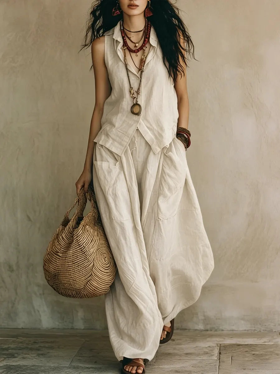 Women's Relaxed Sleeveless Simple Cotton-linen Wide-leg Pants Set