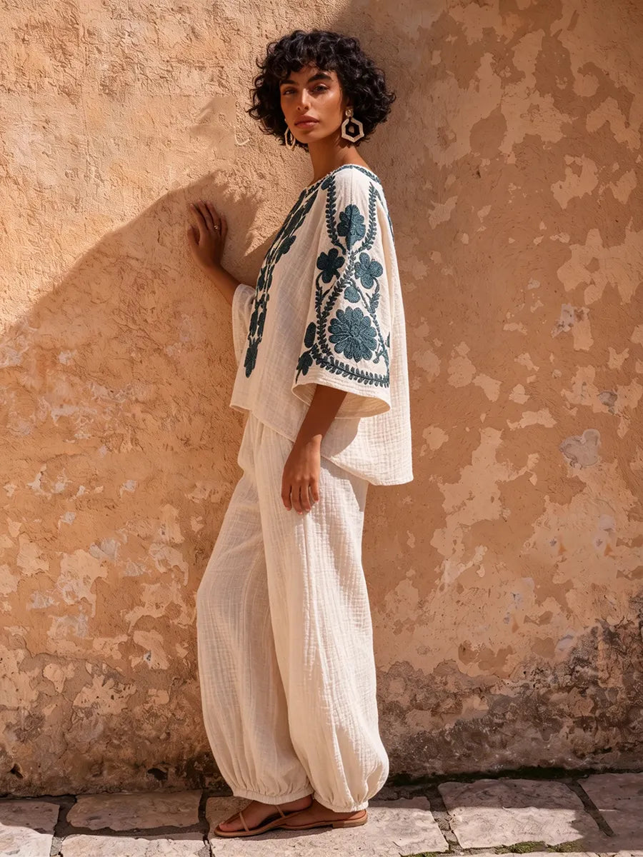 Bohemian Floral Bouquet Print Cotton-linen Two-piece Set