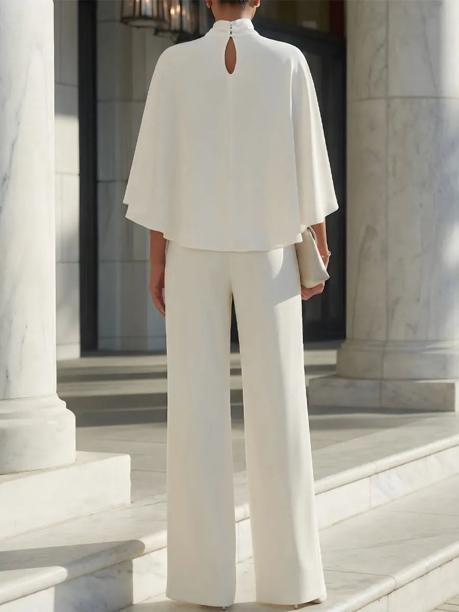 Women's Solid-color Set: Stand-collar 3/4-sleeve Loose-fit Top & High-waisted Wide-leg Pants
