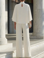 Women's Solid-color Set: Stand-collar 3/4-sleeve Loose-fit Top & High-waisted Wide-leg Pants