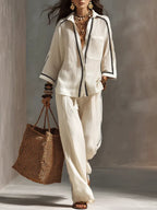 Women's Striped Decorative Shirt And Wide-leg Pants Set