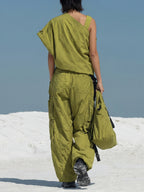 Women's Solid-color Cotton Two-piece Set: Asymmetrical-sleeve Loose-fit Top & Elastic-waist Wide-leg Pants