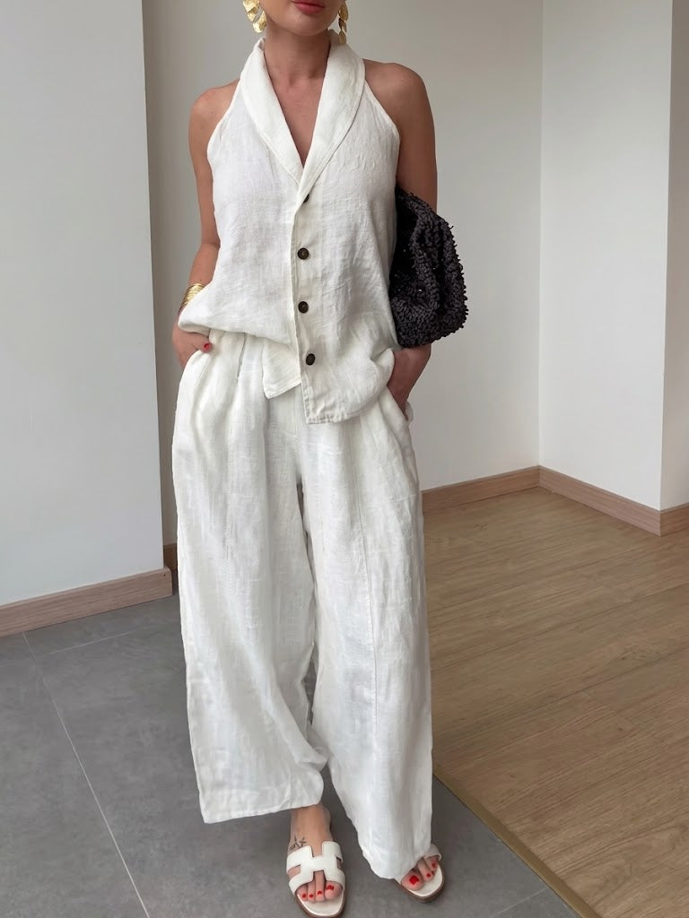 Stylish And Casual Sleeveless Linen-cotton Top And Trousers Two-piece Set