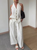 Stylish And Casual Sleeveless Linen-cotton Top And Trousers Two-piece Set