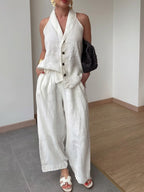 Stylish And Casual Sleeveless Linen-cotton Top And Trousers Two-piece Set