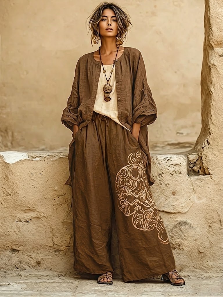 Bohemian Three-piece Set: Ethnic-print Cotton-linen Long Cardigan, Sleeveless Top, And Trousers