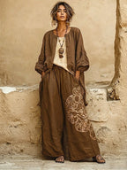 Bohemian Three-piece Set: Ethnic-print Cotton-linen Long Cardigan, Sleeveless Top, And Trousers