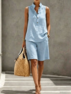 Casual And Comfortable Linen-cotton Sleeveless Top And Shorts Two-piece Set