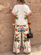 Women's Casual Cotton-linen Set: V-neck Short-sleeve Loose-fit Top With Placement Print & Elastic-waist Wide-leg Pants