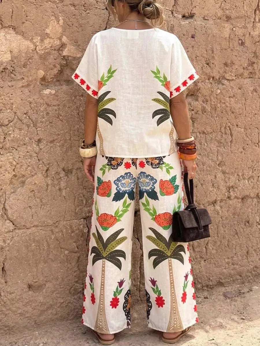 Women's Casual Cotton-linen Set: V-neck Short-sleeve Loose-fit Top With Placement Print & Elastic-waist Wide-leg Pants