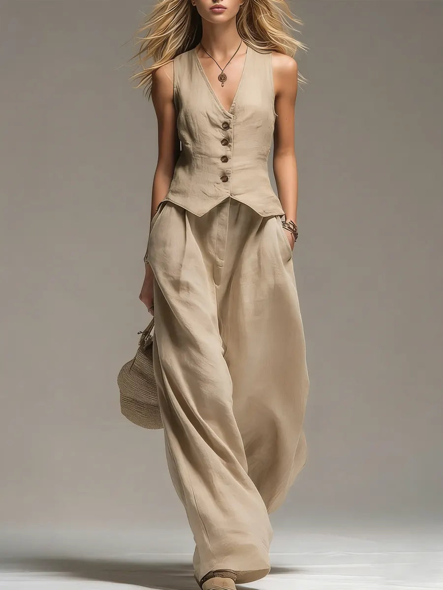 Women's Minimalist Cotton And Linen Wide-leg Pants Set