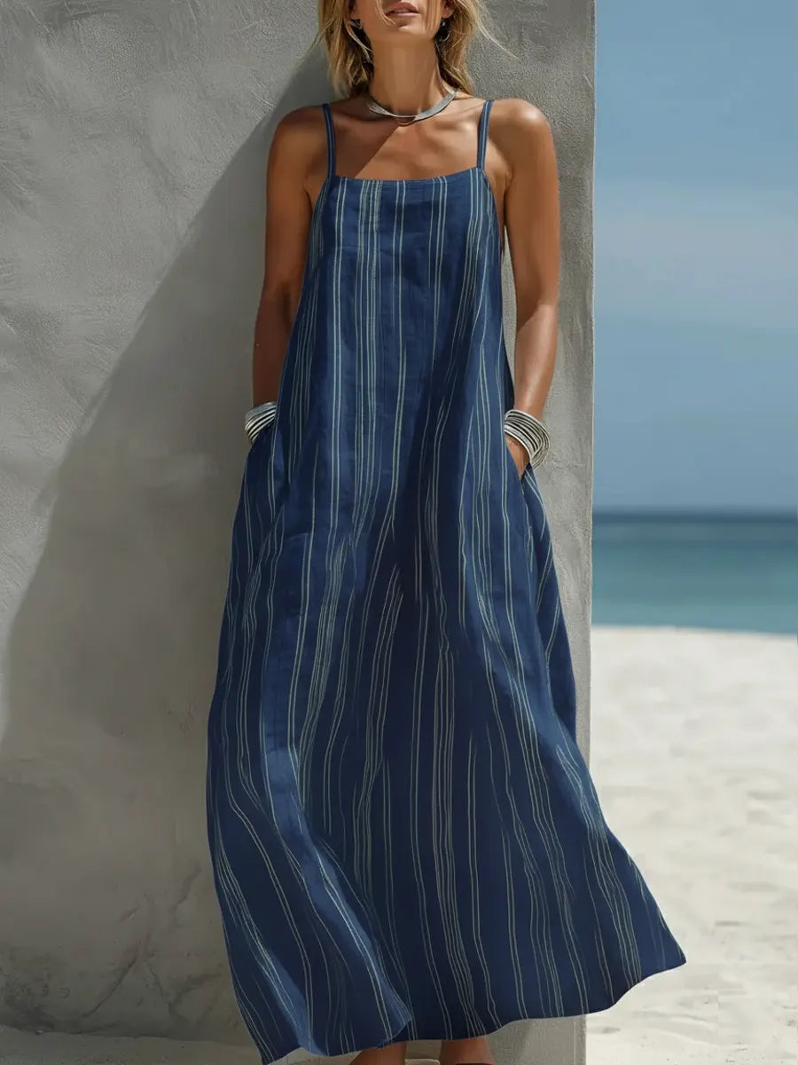 Women's Simple Striped Cotton-linen Strap Dress