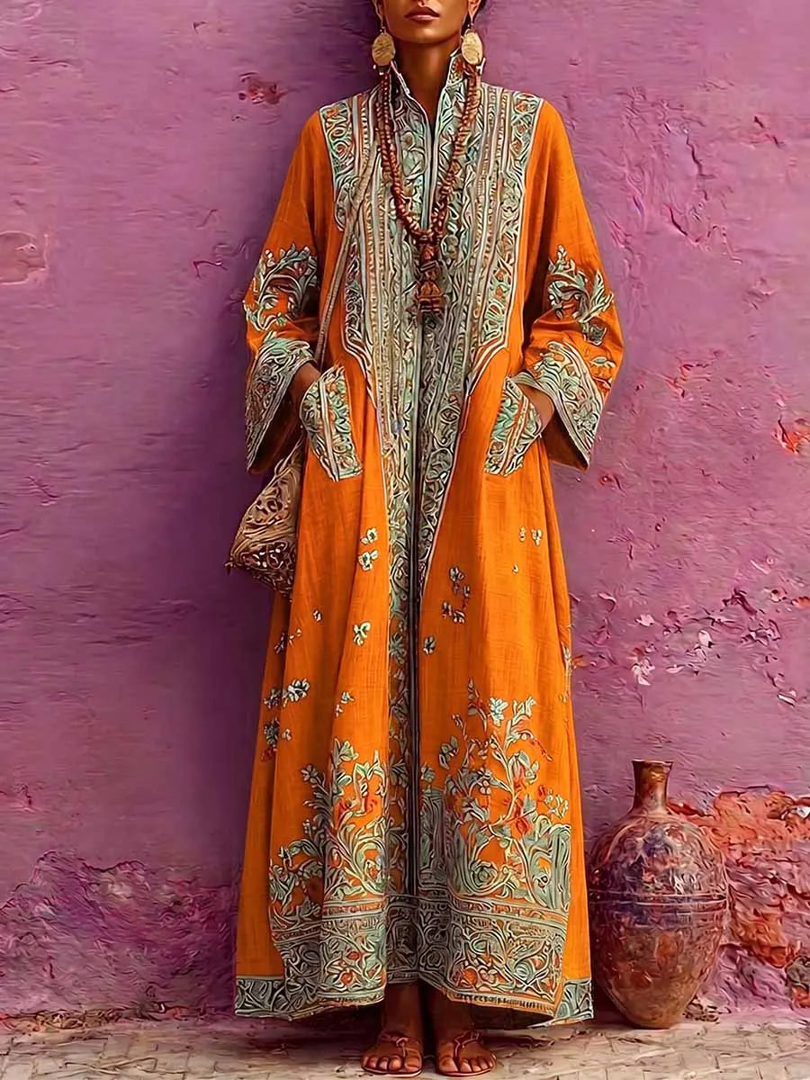 Women's Casual Loose Cotton-linen Dress With Placement Print Stand Collar And Long Sleeves