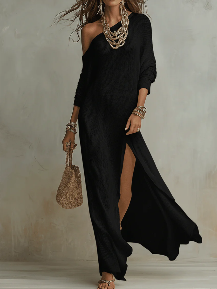 Boho Cozy Off-shoulder Knit Maxi Dress