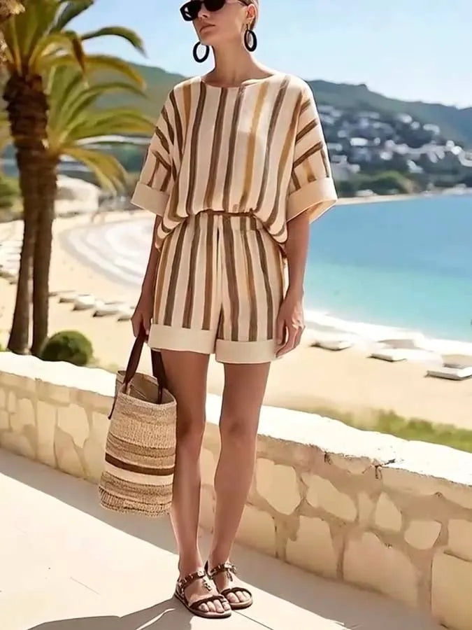 Women'S Loose Striped Holiday Shorts Set