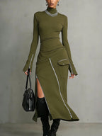 Women's High-neck Zipper Long-sleeved Long Skirt Casual Fashion Solid Color Set