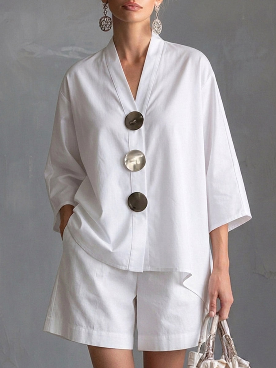 Women's Solid-color V-neck 3/4-sleeve Casual Loose Cotton-linen Top & High-waisted Wide-leg Shorts Set