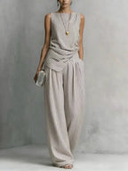 Women's Casual Simple Sleeveless Striped Cotton Linen Set