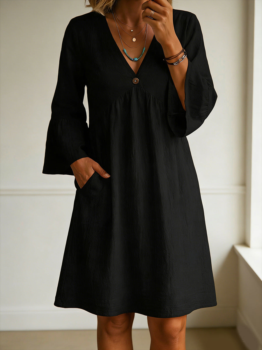 Women's V-neck Ruffle Sleeves Cotton Dress