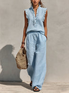 Sleeveless Ruffled V-neck Topï1⁄4elastic-waist Wide-leg Pants â Cotton-linen Casual Set