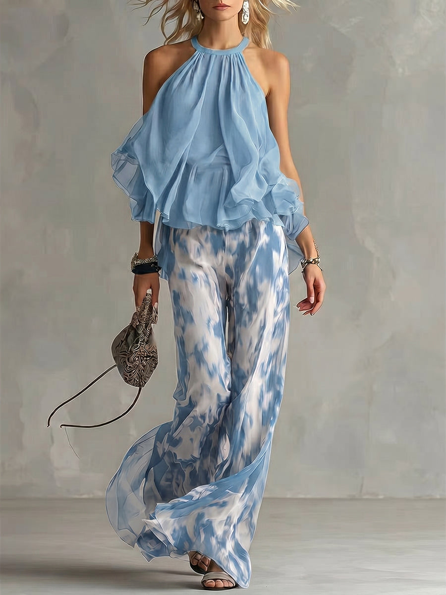 Women's Sleeveless Halter-neck Top And Printed Chiffon Pants Set