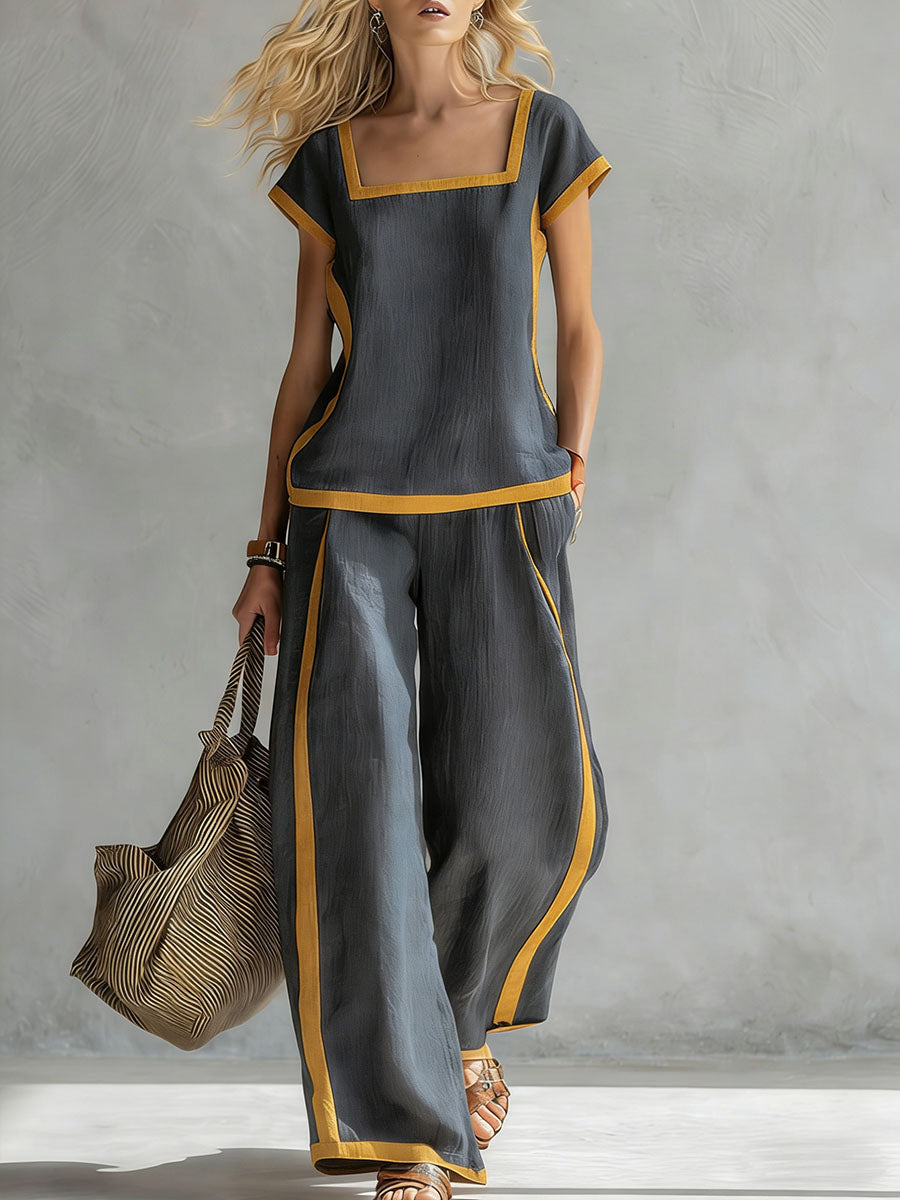 Women's Square Neck Short Sleeve Casual Loose Top High Waist Casual Loose Wide Leg Pants Cotton Linen Set