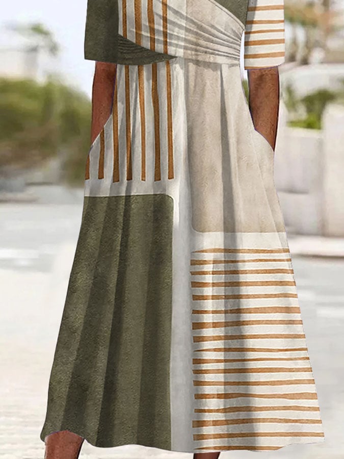 Women's Holiday Casual V-Neck Short Sleeve Contrast Striped Print Dress