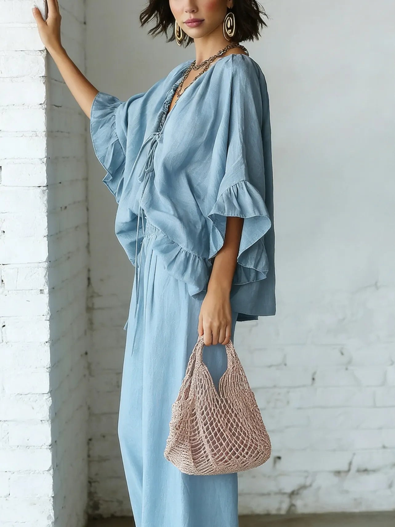 Retro Ruffled V-neck Shirt And Wide-leg Pants Two-piece Set