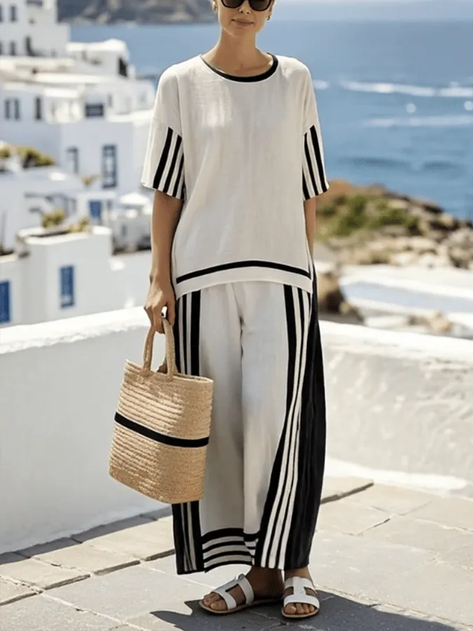 Women'S Loose Slit Contrast Striped Pants Set