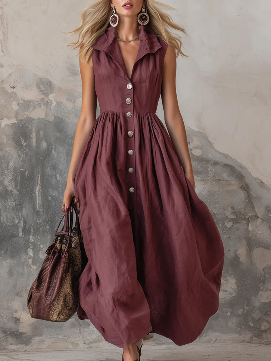 Women's Solid Color Lapel Sleeveless Casual Loose Cotton Dress