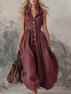Women's Solid Color Lapel Sleeveless Casual Loose Cotton Dress