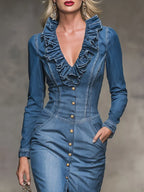 Retro V-neck Ruffled Denim Long-sleeved Midi Dress