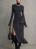 Women's High-neck Zipper Long-sleeved Long Skirt Casual Fashion Solid Color Set