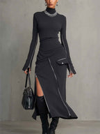 Women's High-neck Zipper Long-sleeved Long Skirt Casual Fashion Solid Color Set