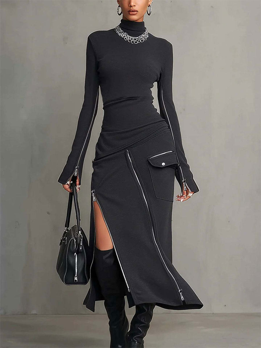 Women's High-neck Zipper Long-sleeved Long Skirt Casual Fashion Solid Color Set