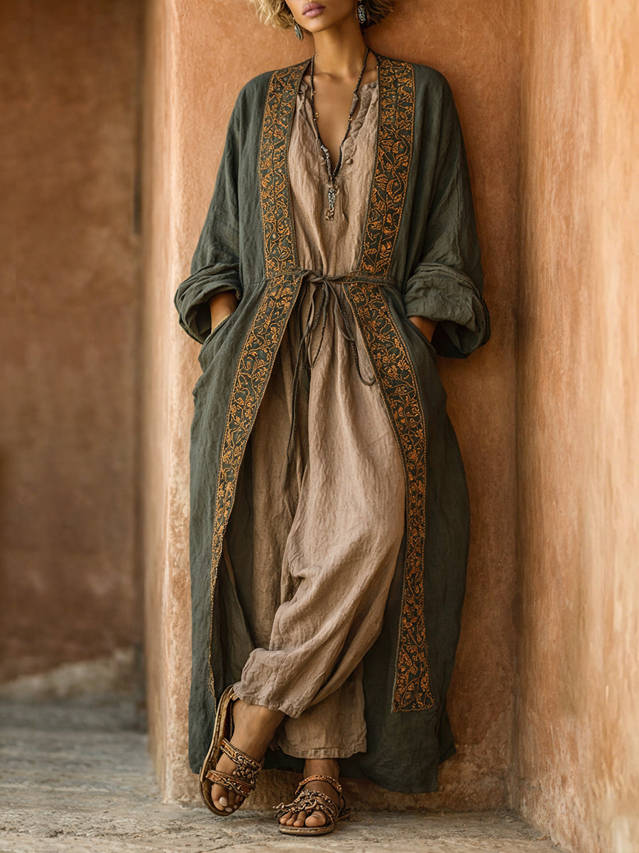 Bohemian Ethnic Print Linen & Cotton Two-Piece Set: Long Cardigan and Sleeveless Jumpsuit