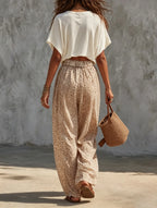 Cotton-linen Cropped T-shirt + Leopard Print Wide-leg Pants Set