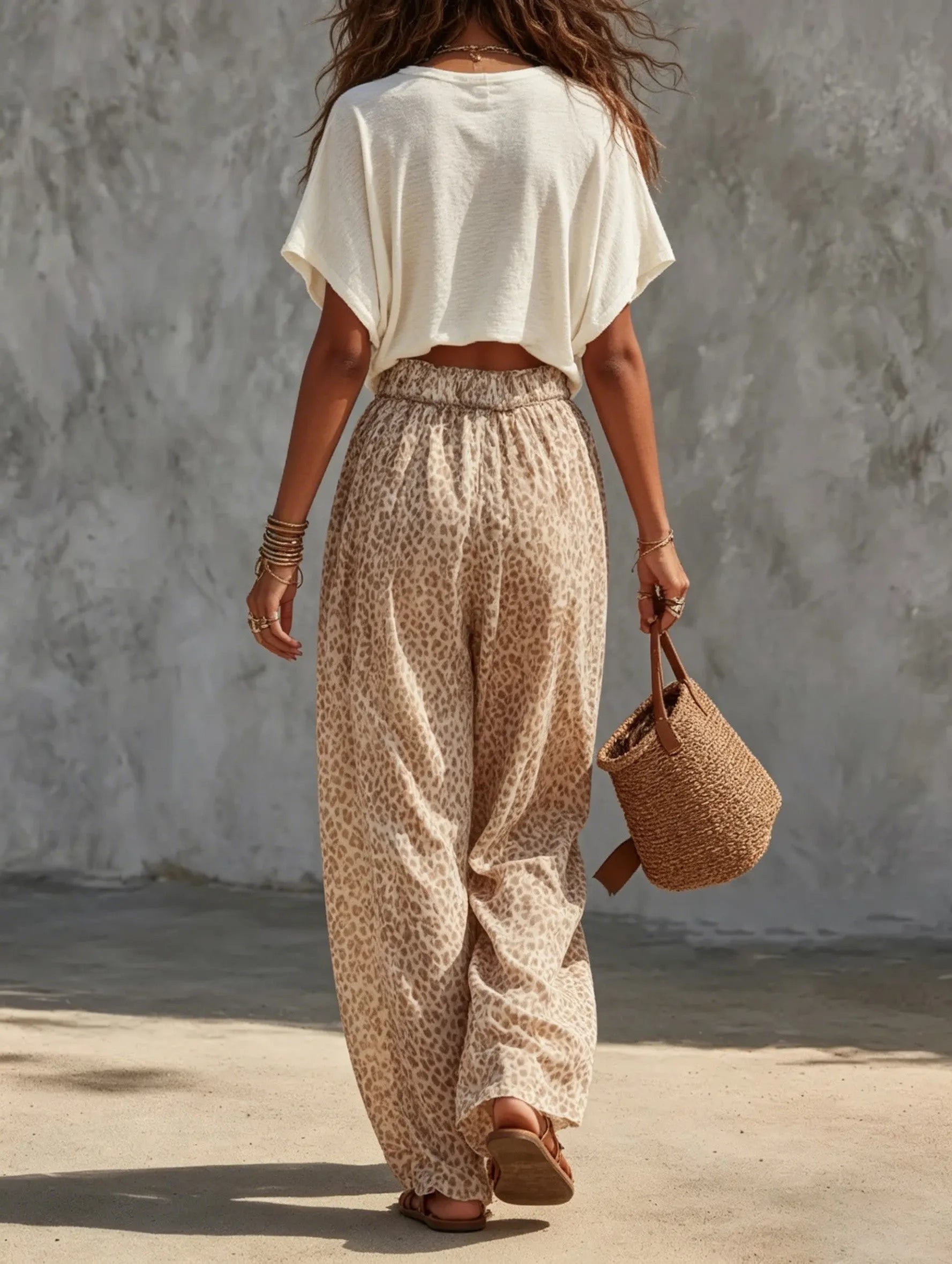 Cotton-linen Cropped T-shirt + Leopard Print Wide-leg Pants Set