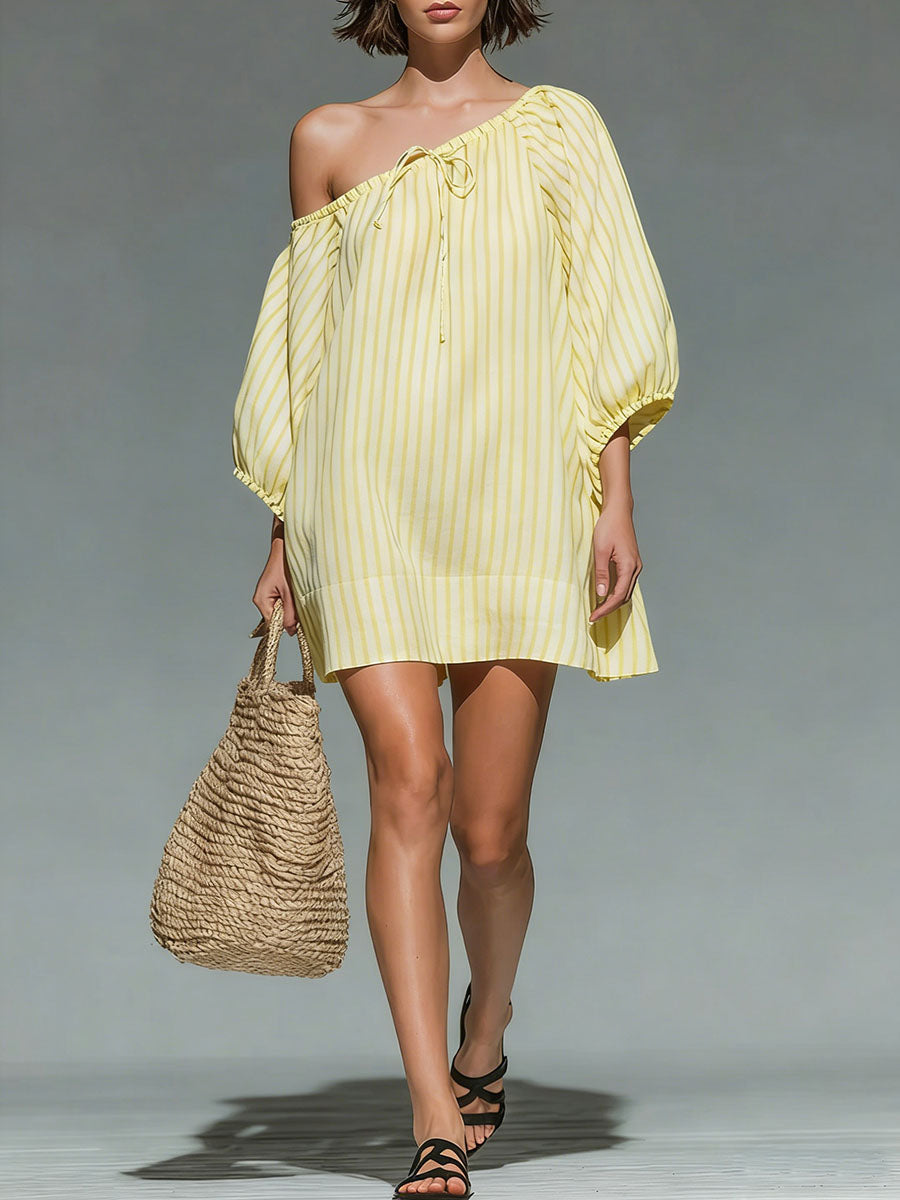 Women's Round Neck 3/4 Sleeve Casual Loose Cotton Linen Dress