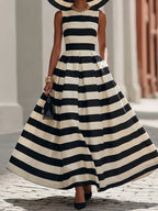 Elegant Black And White Striped Maxi Dress