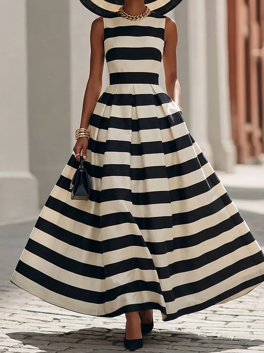 Elegant Black And White Striped Maxi Dress