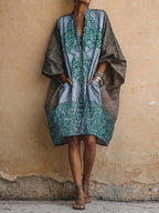 Women's Vintage-Print V-Neck 3/4-Sleeve Casual Loose Cotton-Linen Dress