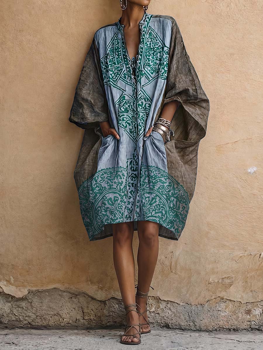 Women's Vintage-Print V-Neck 3/4-Sleeve Casual Loose Cotton-Linen Dress