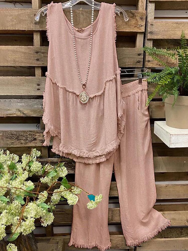 Tassel Sleeveless Top Straight Pants Two-Piece Set