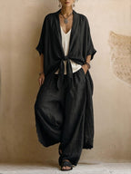 Bohemian-style Linen And Cotton Two-piece Set: Long Cardigan And Trousers